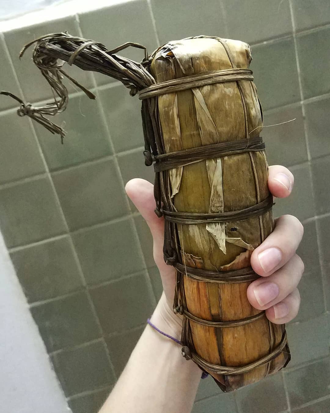 Labeled banh tet, but it is wrapped in leaves and the food is not visible