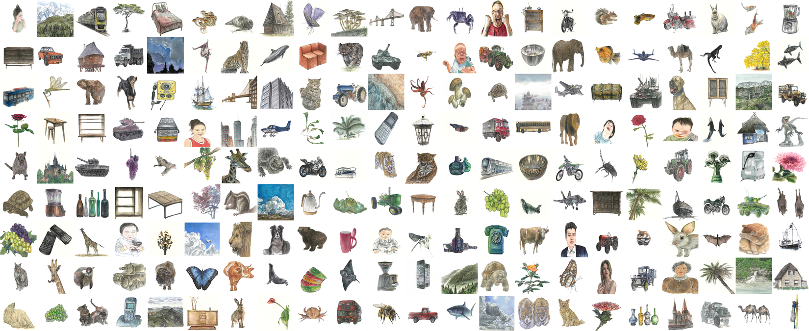 Korean Traditional Ink Painting dataset collage &mdash; tigers and chrysanthemums alongside cars and tanks