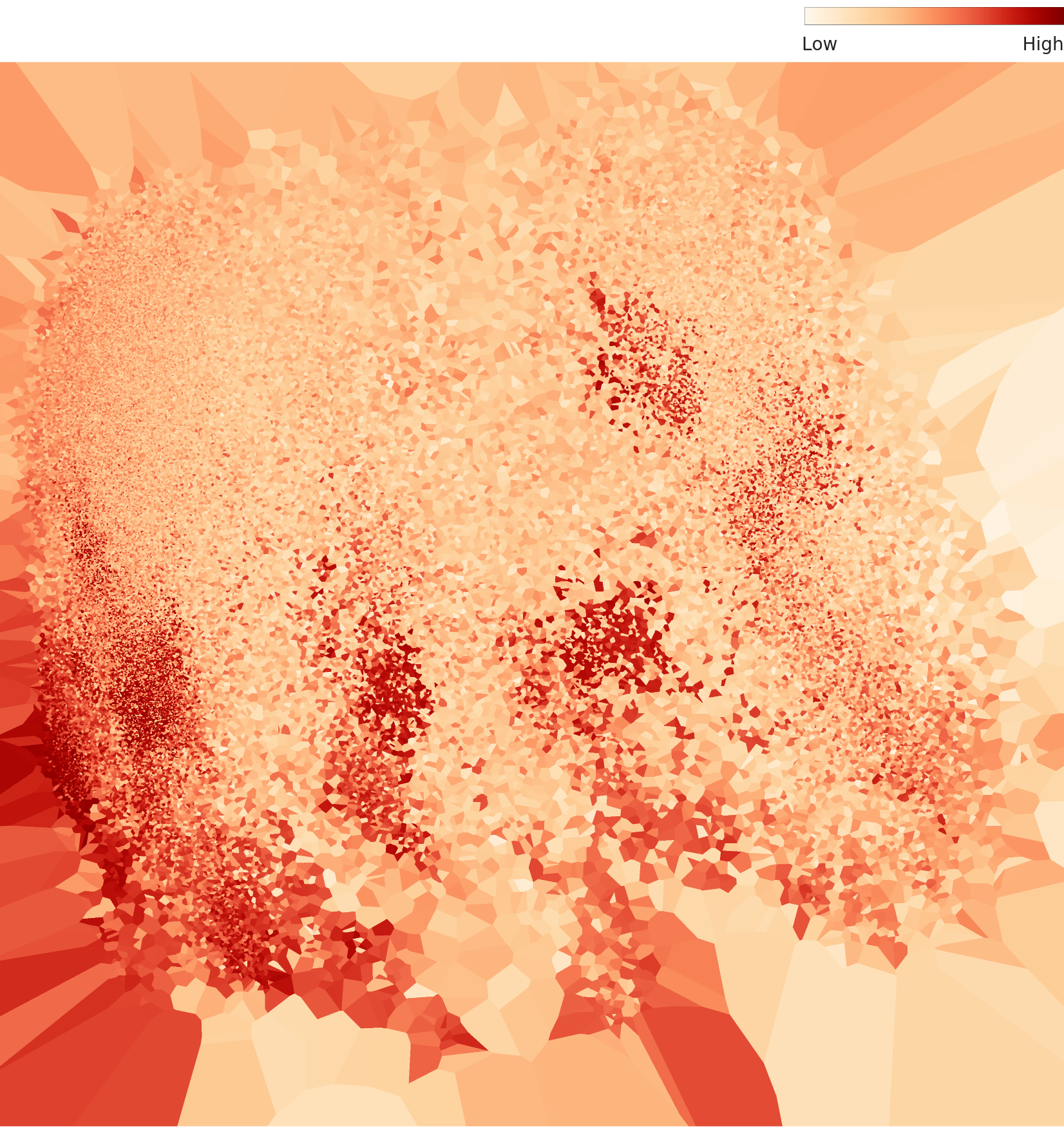 L2 밀도 분포 — 고밀도 핫스팟 2개와 저밀도 주변부