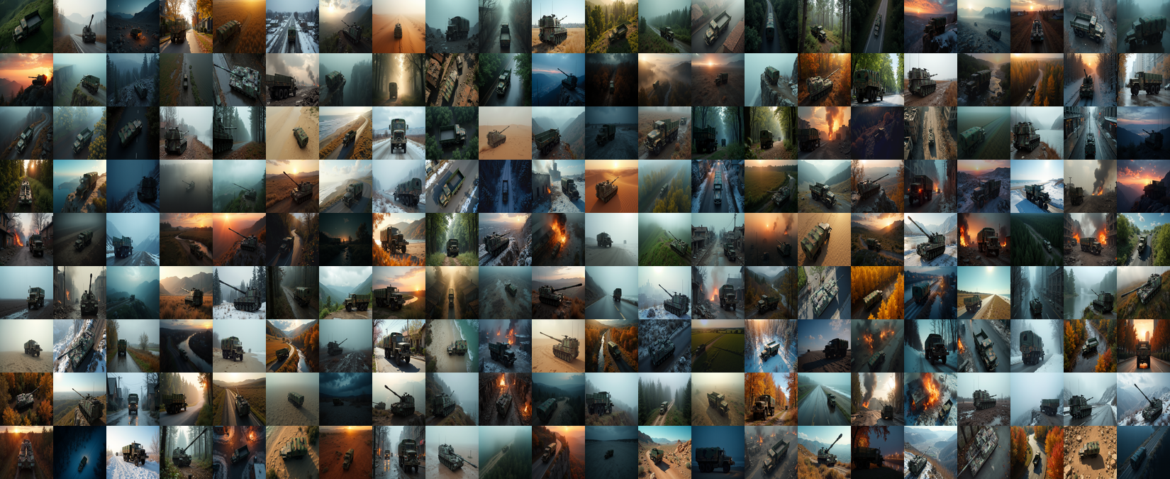 PBLS_Military 3-Class Synthetic Dataset Collage — K9 Howitzer, M35A2 Truck (Covered/Uncovered)