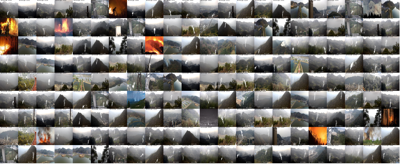 Forest Fire dataset collage — 15,751 wildfire images across fire, smoke, and normal