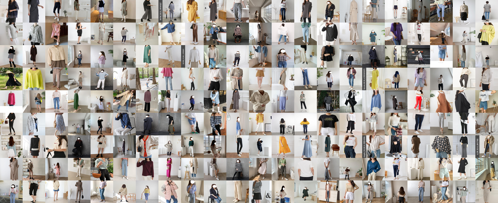 K-Fashion 이미지 데이터셋 콜라주 — 밝은 실내에서 전신 직립으로 촬영된 한국 패션 룩북 사진들